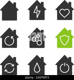 Houses glyph icons set. Silhouette symbols. Home buildings with lightning, heart, network connection, shield, liquid drop inside. Smart houses. Vector Stock Vector