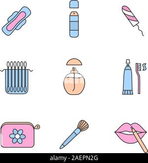 Cosmetics accessories color icons set. Deodorant, sanitary tampon, earsticks package, perfume, toothpaste, cosmetic bag, makeup brush. Isolated vector Stock Vector