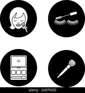 Cosmetics accessories glyph icons set. Woman with makeup brush, eye shadows, mascara. Vector white silhouettes illustrations in black circles Stock Vector