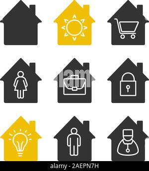 Houses glyph icons set. Silhouette symbols. Home buildings with sun, shopping cart, man and woman, doctor, lock, briefcase, lightbulb inside. Vector i Stock Vector
