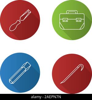 Construction tools flat linear long shadow icons set. Chisels, tool box, crowbar. Vector outline illustration Stock Vector
