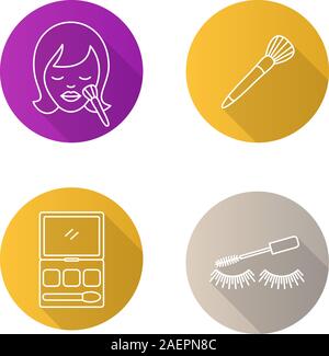 Cosmetics accessories flat linear long shadow icons set. Woman with makeup brush, eye shadows, mascara. Vector outline illustration Stock Vector