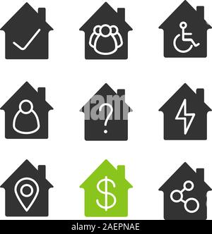 Houses glyph icons set. Home buildings with tick and question mark, people, wheelchair, lightning, map pinpoint, dollar sign, network connection. Silh Stock Vector