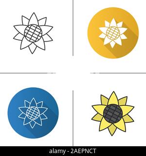 Sunflower head icon. Flat design, linear and color styles. Helianthus. Isolated vector illustrations Stock Vector
