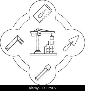 Construction tools linear icons set. Building equipment. Rectangular notched trowel, triangular shovel, iron chisel, set square. Isolated vector illus Stock Vector