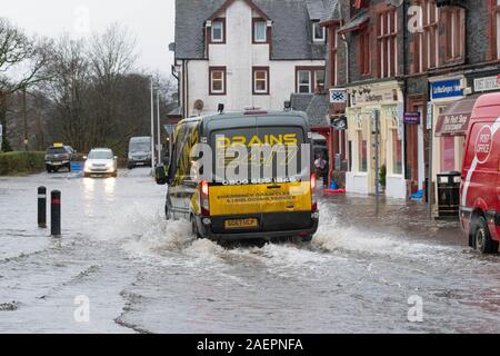 Aberfoyle, Stirlingshire, Scotland, UK. 10th Dec, 2019. UK weather - flooding and road closures in Aberfoyle after the River Forth bursts its banks Credit: Kay Roxby/Alamy Live News Stock Photo