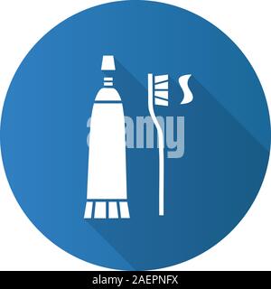 Toothbrush and toothpaste. Flat design long shadow glyph icon. Dentifrice. Vector silhouette illustration Stock Vector