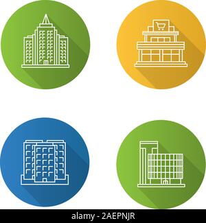 City buildings flat linear long shadow icons set. Shopping mall, business center, skyscraper, multi-storey building. Vector outline illustration Stock Vector