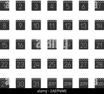 Month calendar glyph icons set. Dates silhouette symbols. Days of months. 2017, 2018, 2019, 2020 year calendars. Vector isolated illustration Stock Vector