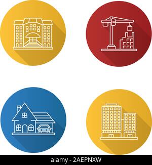 City buildings flat linear long shadow icons set. Hotel, tower crane, cottage, business center. Vector outline illustration Stock Vector