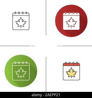 Autumn calendar icon. Flat design, linear and color styles. Calendar page with maple leaf. Isolated vector illustrations Stock Vector