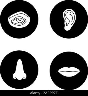 Facial body parts glyph icons set. Eye, nose, ear, lips. Vector white silhouettes illustrations in black circles Stock Vector