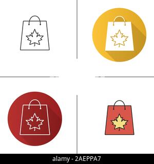 Autumn shopping icon. Flat design, linear and color styles. Shopping bag with maple leaf. Isolated vector illustrations Stock Vector