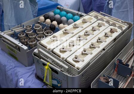 Close-up of drill equipment used during a Hip Replacement operation in an NHS Hospital. Stock Photo