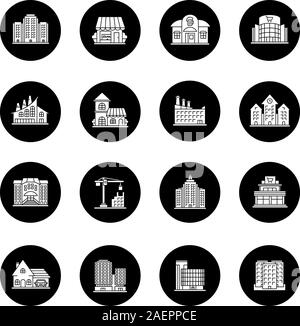 City buildings glyph icons set. Town architecture. Vector white silhouettes illustrations in black circles Stock Vector