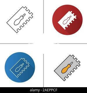 Rectangular notched trowel icon. Flat design, linear and color styles. Isolated vector illustrations Stock Vector