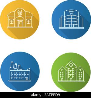 City buildings flat linear long shadow icons set. Shopping mall ...