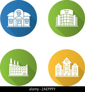 City buildings flat design long shadow glyph icons set. Pub, shopping center, hotel, town hall. Vector silhouette illustration Stock Vector