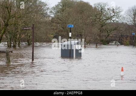 Aberfoyle, Stirlingshire, Scotland, UK. 10th Dec, 2019. UK weather - flooded car park in Aberfoyle after the River Forth bursts its banks Credit: Kay Roxby/Alamy Live News Stock Photo