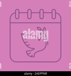 World Peace Day linear icon. September 21. Calendar page with dove and olive branch. Thin line outline symbols on color background. Vector illustratio Stock Vector