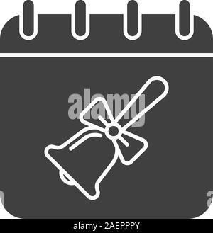 September 1st glyph icon. Silhouette symbol. Calendar page with school bell with ribbon. Negative space. Vector isolated illustration Stock Vector