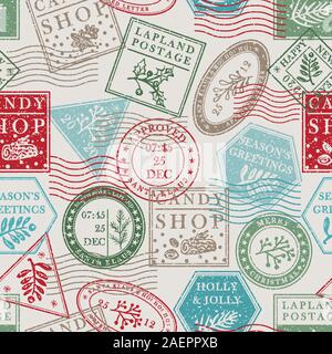 Seamless pattern Vintage grunge texture christmas stamp rubber with holiday symbols in red, green and blue colors. For xmas greeting card, invitations Stock Vector