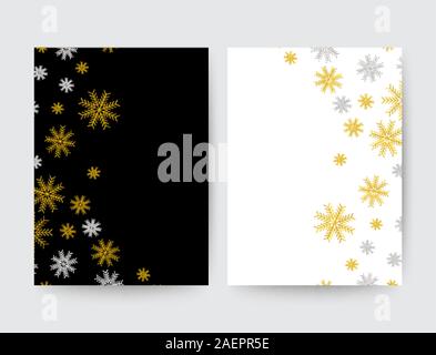 Merry Christmas greeting vector illustration with golden glitters, sparkles and snowflakes Stock Vector