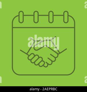 Negotiations day linear icon. Business negotiation date. Calendar page with handshake. Thin line outline symbols on color background. Vector illustrat Stock Vector