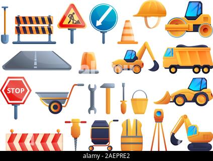 Road repair icons set. Cartoon set of road repair vector icons for web design Stock Vector