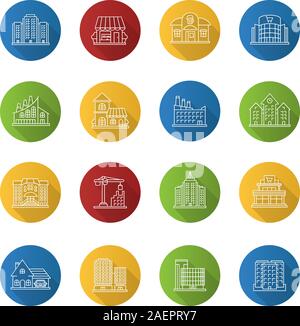 City buildings flat linear long shadow icons set. Shopping mall ...