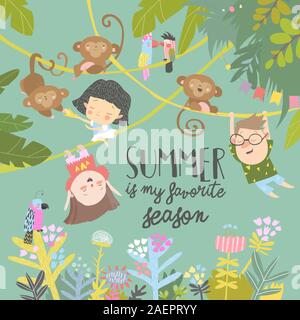 Cute cartoon kids with monkeys riding on lianes Stock Vector