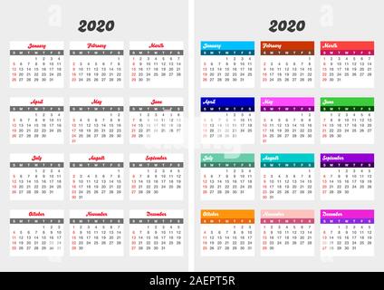 Colorful year 2020 calendar set. Vertical calendar template . Editable vector file available. English and week starts on Sunday basic grid. Vector Ill Stock Vector