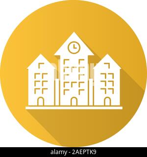 Town hall flat design long shadow glyph icon. Building with clock. School, college, university. Vector silhouette illustration Stock Vector