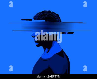 A young man with a partially obscure face. Mental wellbeing, mens issues, and rights concept.Vector illustration Stock Vector