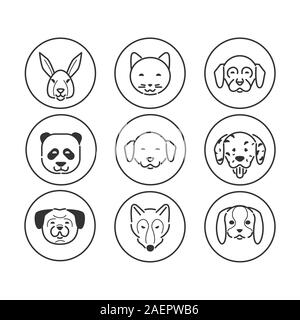 Set of animals head icons. Modern icons design, mono color symbol. Contains Rabbit, dogs, cat, fox, panda. vector line pictocgram. Stock Vector
