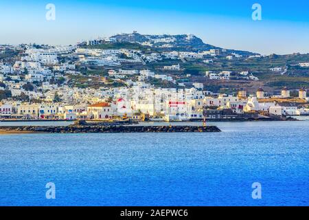 Mykonos, Greece famous island panorama with whitewashed houses, windmills, view from the sea in Cyclades Stock Photo