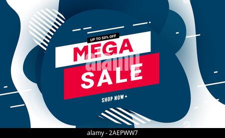 Modern minimal mega sale poster with speed liquid elements on a blue 2020 panton color. Can be use marketing, social media or network promotion, SMM b Stock Vector