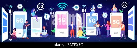 mix race people using apps on digital devices 5G online wireless systems connection social network communication concept smartphone screens online mobile application full length horizontal vector illustration Stock Vector