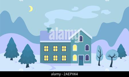 Cute cartoon Christmas house in the snow landscape illustration. Winter scenery retro town exterior with Christmas tree and mountains. Stock Vector