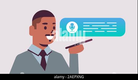 african american man using smartphone voice assistant speech recognition mobile application social network communication message recording concept horizontal portrait vector illustration Stock Vector