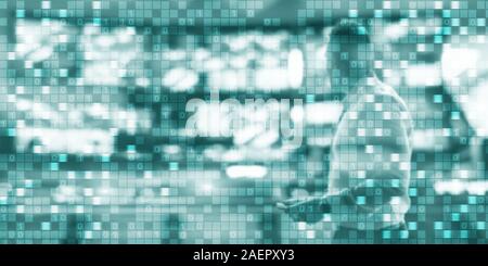 Digital background matrix information technology and internet concept. Man on the background matrix Stock Photo