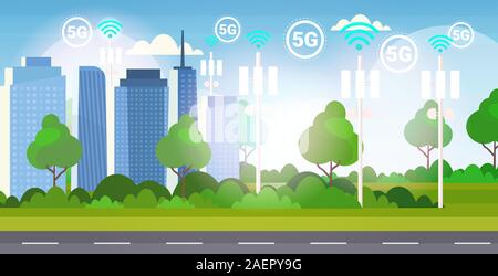 base station receiver smart city 5G online communication tower network technology systems connection information transmitter concept modern cityscape background flat horizontal vector illustration Stock Vector