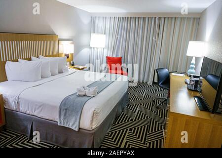Orlando Florida,Wyndham Orlando Resort International Drive,hotel,guest room,King size bed,pillows,bedding,contemporary decor,FL191110053 Stock Photo