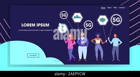 people using smartphones 5G online communication wireless system connection fifth innovative generation of high speed internet men women holding cellphones full length horizontal copy space vector illustration Stock Vector