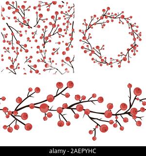 Berry Christmas Vector Set. Seamless Pattern, Border, and Wreath with holly branches isolated on white. Vector illustration for festive design Stock Vector