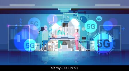 surgeons team surrounding patient lying on operation table 5G online wireless connection concept fifth innovative generation of high speed internet operation room hospital clinic interior horizontal vector illustration Stock Vector