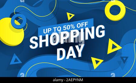 Modern discount poster or banner with liquid form and discount text in classic blue 2020. Shopping day Stock Vector