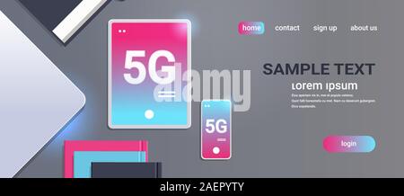 tablet and smartphone on desktop 5G online communication network wireless systems connection concept fifth innovative generation of high speed internet flat horizontal top angle view copy space vector illustration Stock Vector