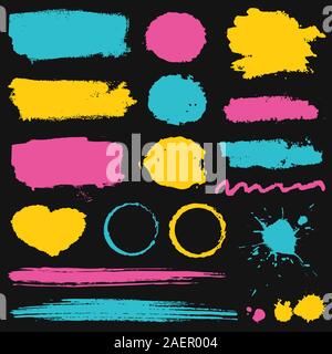 Grunge stains, paint brush strokes and ink blots isolated on black background. Colorful vector design elements for paintbrush texture, frame. Stock Vector