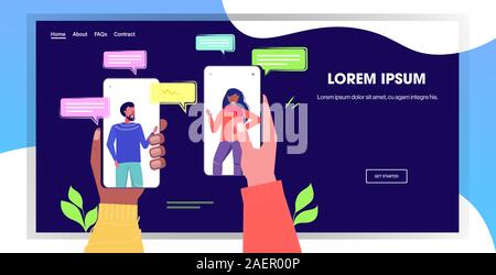 mix race human hands using chatting app social network chat bubble communication concept man woman talking messaging in smartphone screens online mobile application portrait copy space vector illustration Stock Vector
